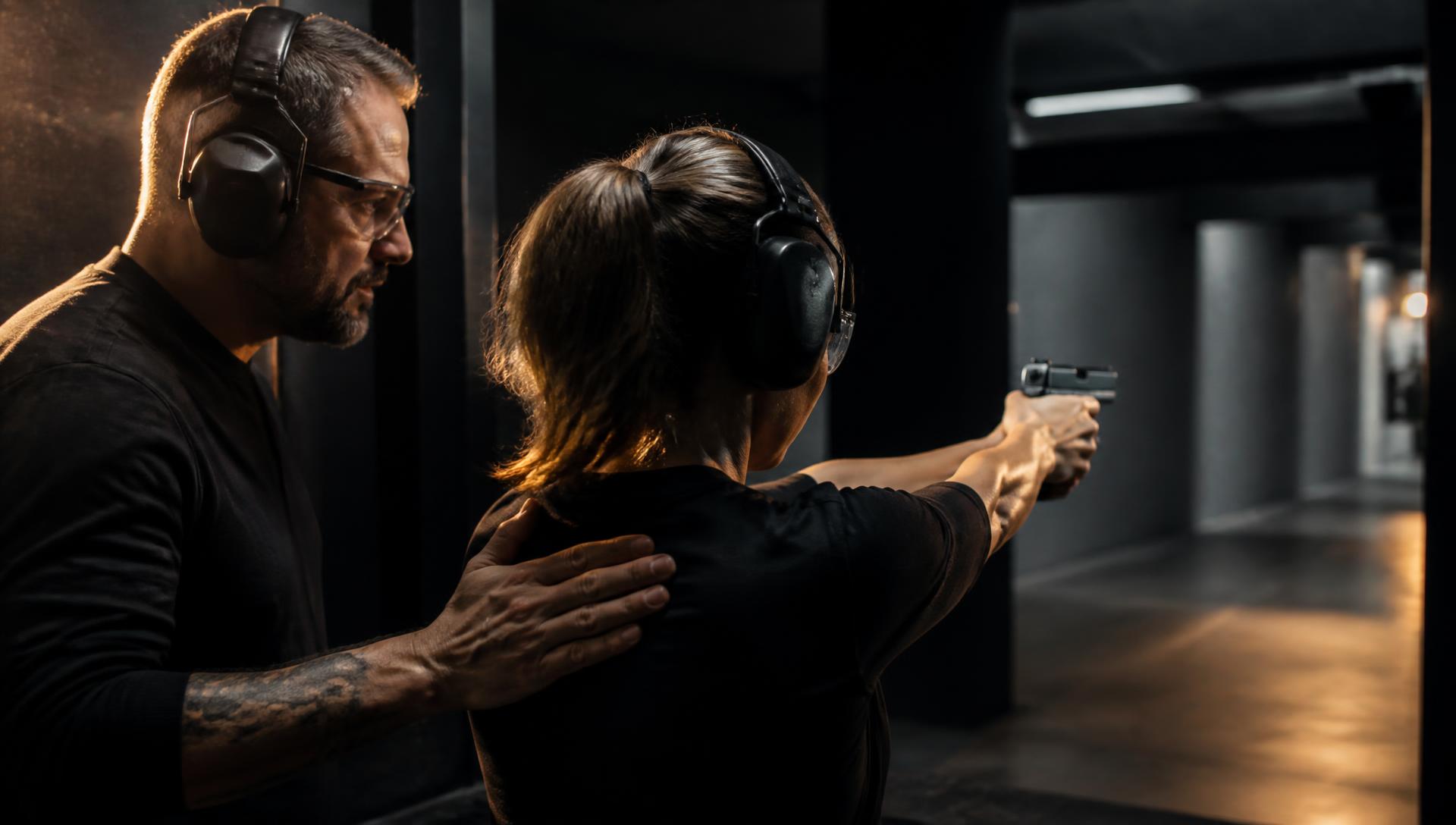 Instructor coaching a student through pistol fundamentals on a supervised range